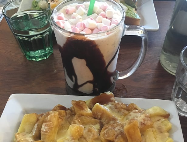 Chips, gravy, and a milkshake from Maggie Mays, Belfast