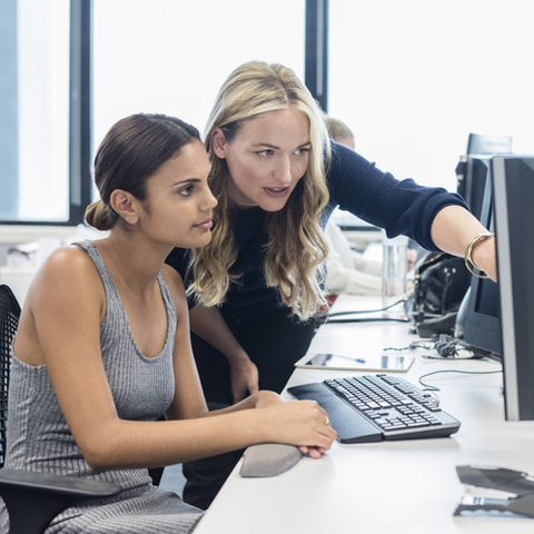 Adviser and student looking at PC