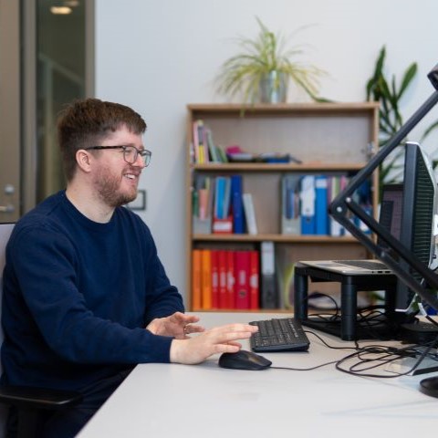 Adviser using laptop in office