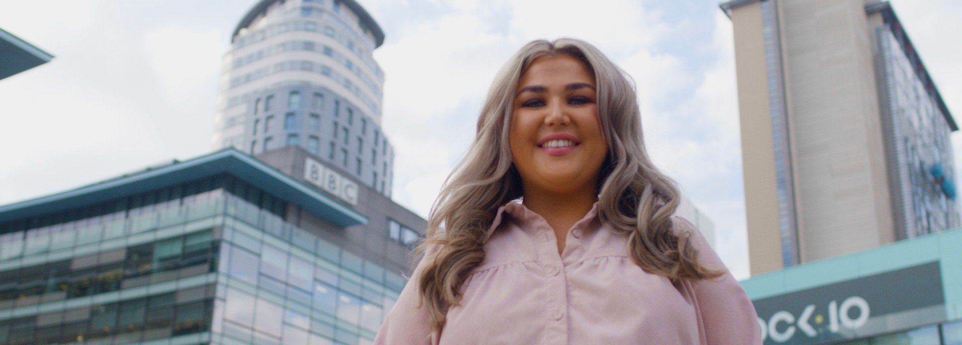 Apprentice Vicki standing outside the BBC office