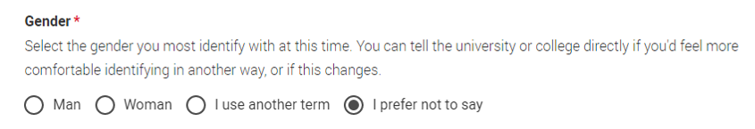 Screenshot of options in the gender question of the 2024 UCAS application 