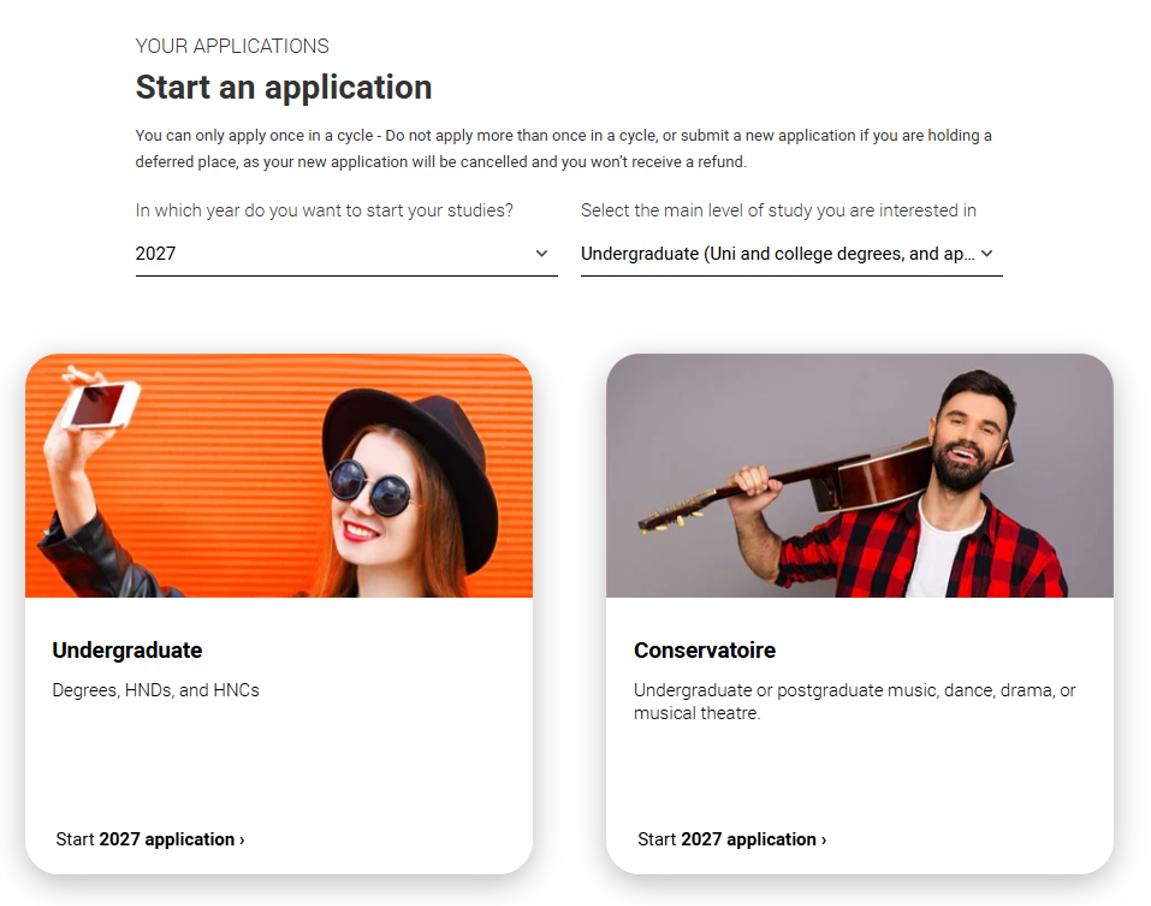 UCAS Hub Start an application screenshot
