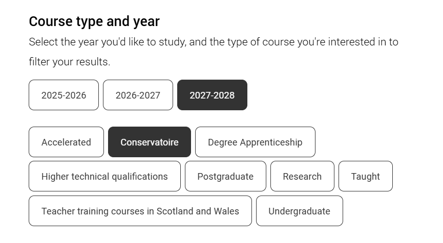 Screenshot of UCAS search tool filters screen 