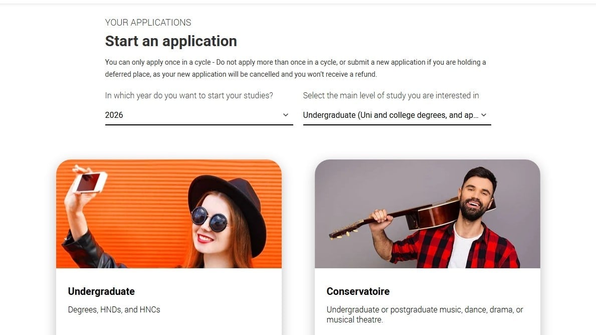 Screenshot of Start application in the UCAS Hub