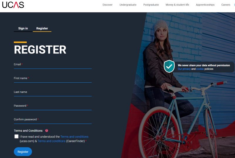 Screenshot of register page on UCAS website