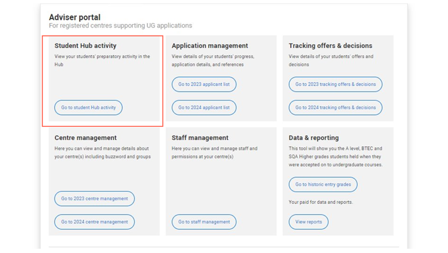 Screen shot of adviser portal student Hub activity tile