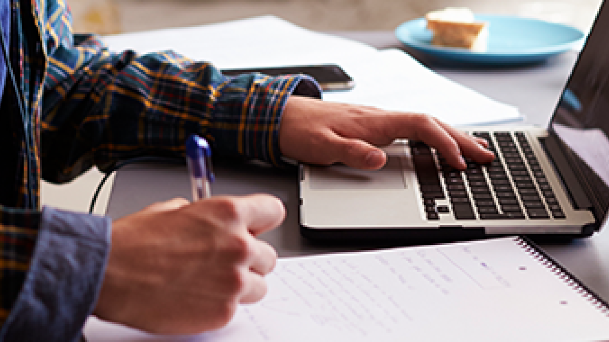 Male student using laptop