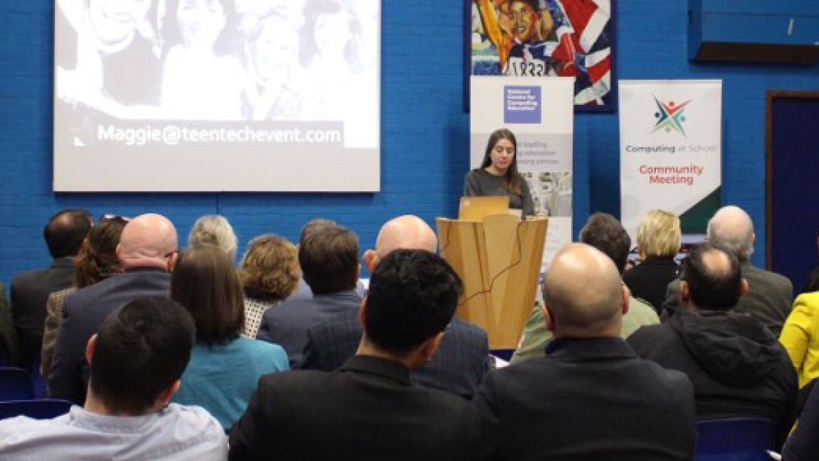 Apprentice Grace speaking at a tech conference