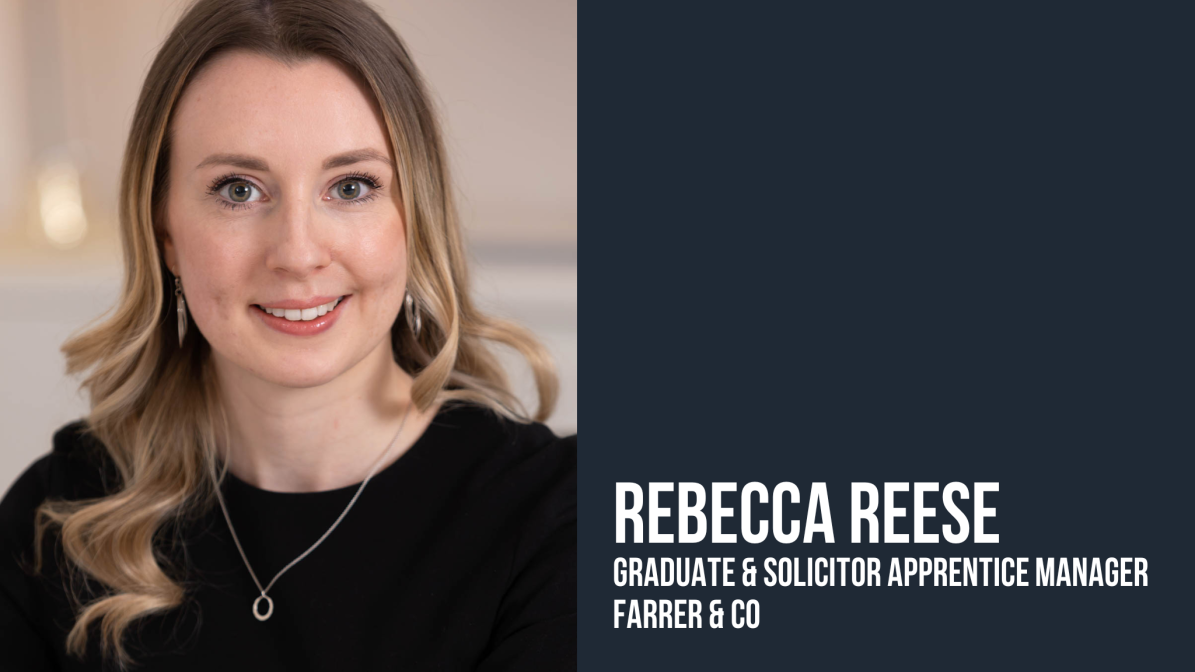 Headshot of Rebecca Reese. Reese is wearing a black top and silver jewellery. The image shows a professional headshot of her smiling to the camera, with her name and job title displayed on a slate grey background to the right.