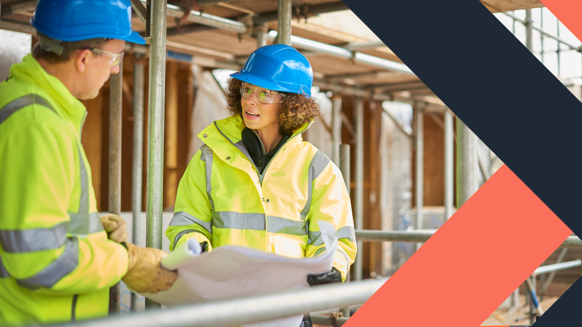 A graphic showing two construction works in helmets and hi-vis jackets looking at plans on a construction site