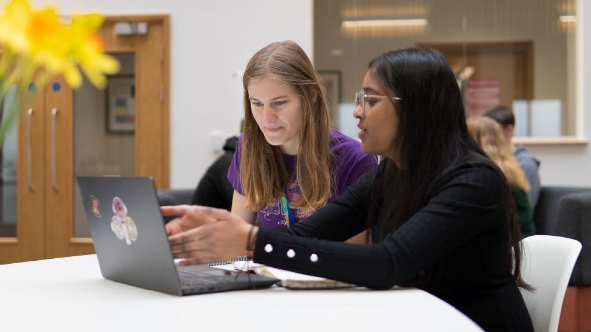 Adviser supporting student with research on laptop