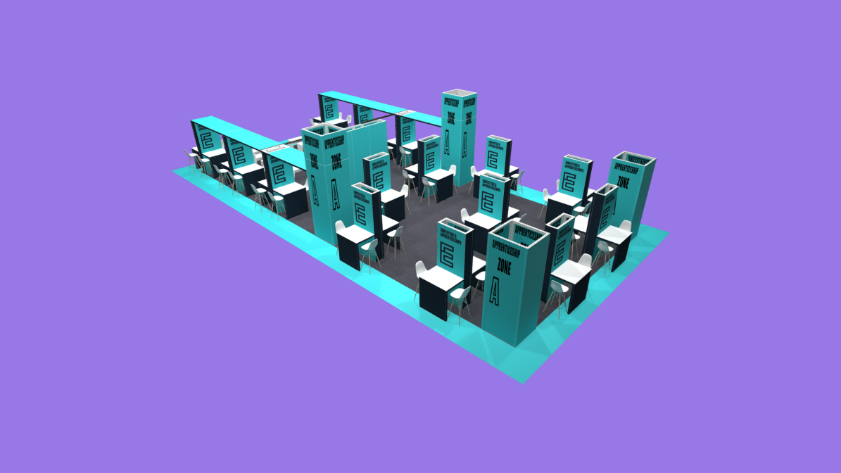 3D layout of UCAS Employer Pods in the Employer & Apprenticeship Zone, featuring branded pods with tables, chairs, and lead capture stations for face-to-face student engagement.