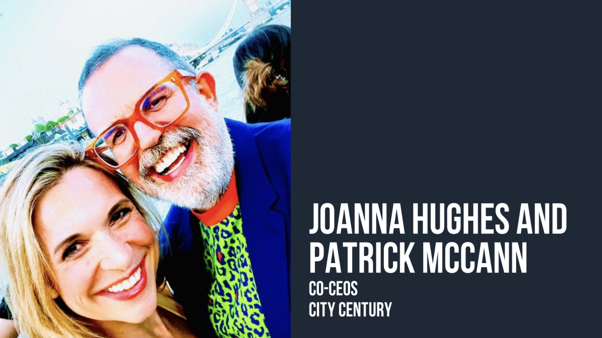 UCAS_Media_City_Century_Case_study_Image_2 Pictured are co-CEOs of City Century Joanna Hughes and Patrick McCann. The image shows a headshot of the pair, with their names name and job title displayed on a slate grey background to the right.