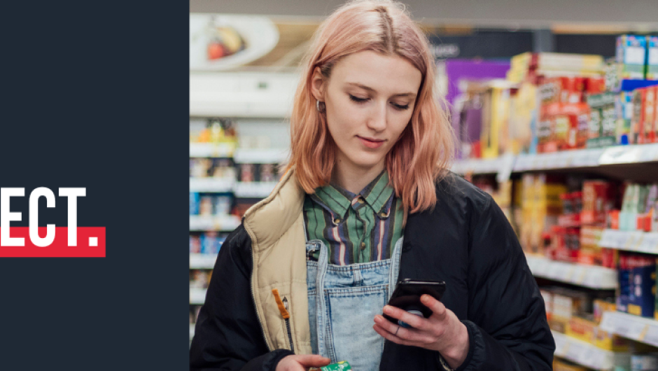 UCAS_Marketing_Services_Brands_Hero_Banner_4 A graphic with a slate grey background, a white LinkedIn logo and the words 'connect with us' with an image of a young student stood in a supermarket to the right