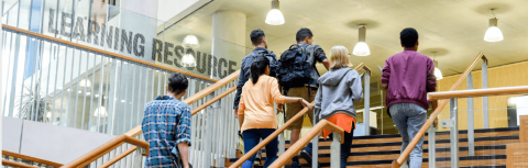 Students climbing stairs in university
