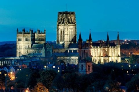 Durham Cathedral lit up at nightime