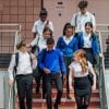 Students walking down staircase