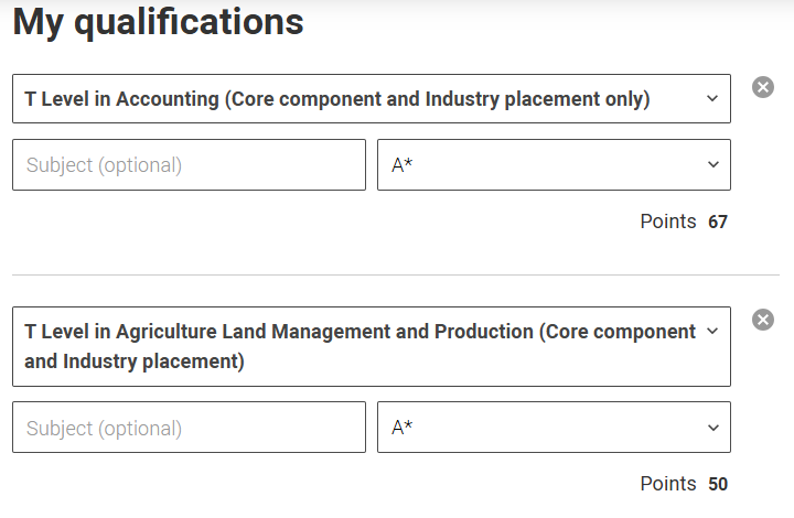 Tariff calculator showing T Level details