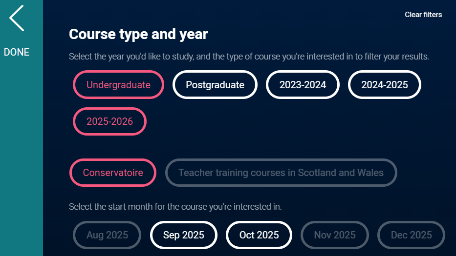 Screenshot of conservatoires courses filter in search tool